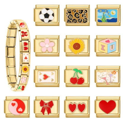 Gold Color Heart Sunflower Cherry Tai Chi Leopard Italian Charm Links Fit 9MM Bracelet Stainless Steel Men Women DIY Making Gift