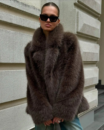 Faux Fox Fur Coats Women Solid Mid Length Jackets Lapel Collar Long Sleeve Furry Outerwear Thick Loose Casual 2025 Autumn Winter