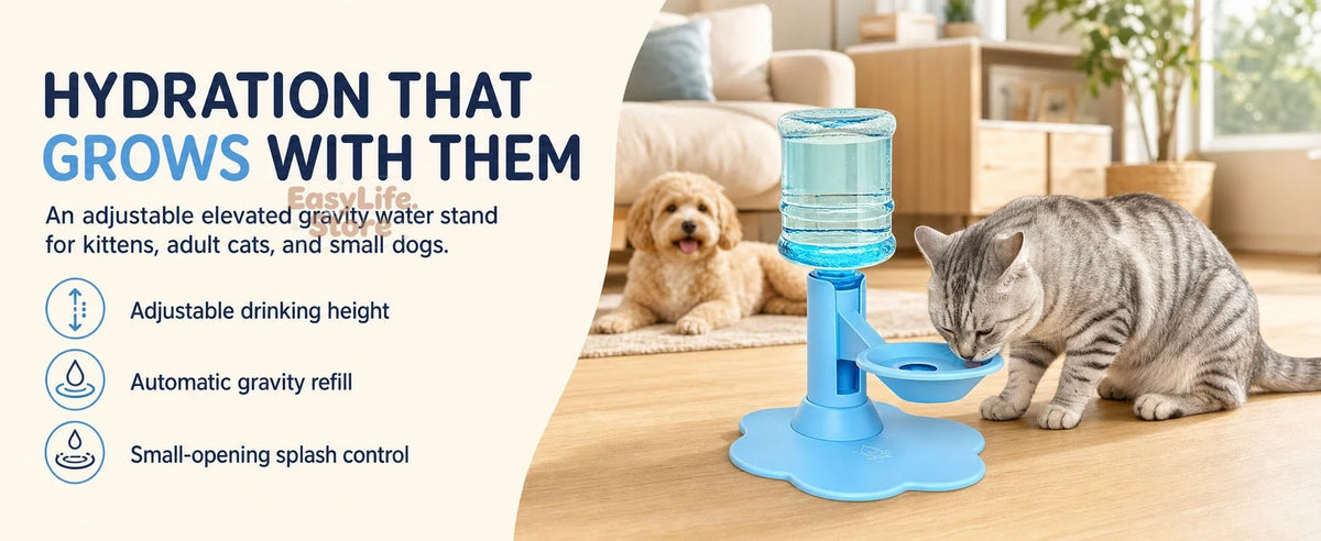 Automatic Cat Dog Water Dispenser No Electricity No Filter Adjustable Height Gravity Pet Water Fountain for Cats and Small Dogs