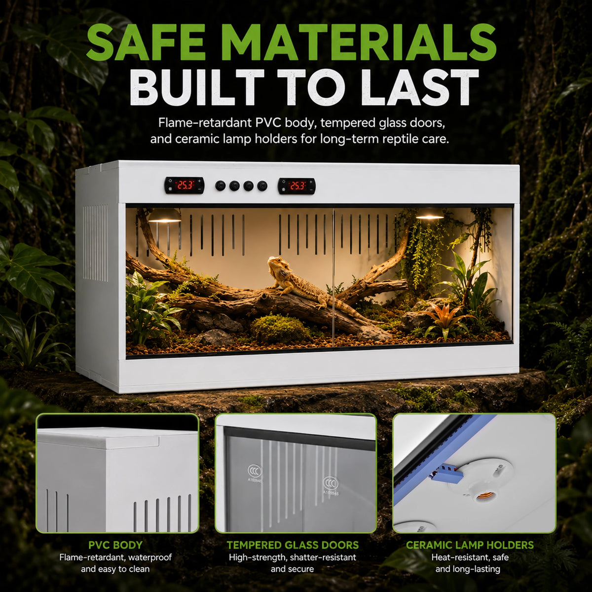 Stackable PVC Reptile Terrarium, Tempered Glass Bearded Dragon Tank – Heavy Duty Enclosure Habitat for Amphibians Reptilians Arachnids