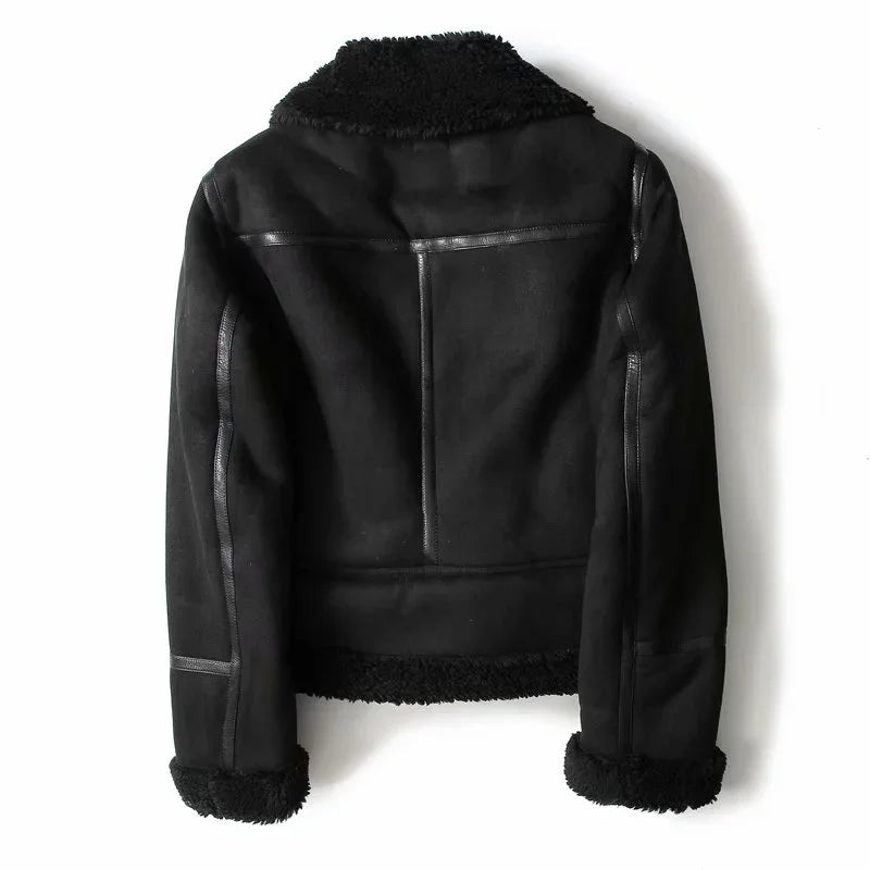Winter Faux Shearling Sheepskin Fake Leather Jackets Lady Thick Warm Suede Lambs Motorcycle Brown Coats Mujer Chaqueta A407