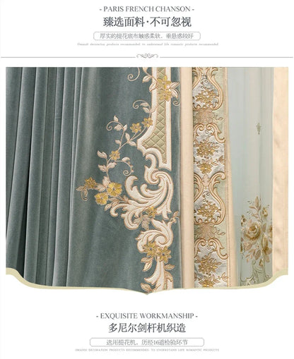 European Embroidered Thickened Blackout Blue Velvet Curtains for Living Room Bedroom Blackout  Lace Luxury Valance Tulle Custom