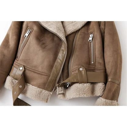 Winter Faux Shearling Sheepskin Fake Leather Jackets Lady Thick Warm Suede Lambs Motorcycle Brown Coats Mujer Chaqueta A407