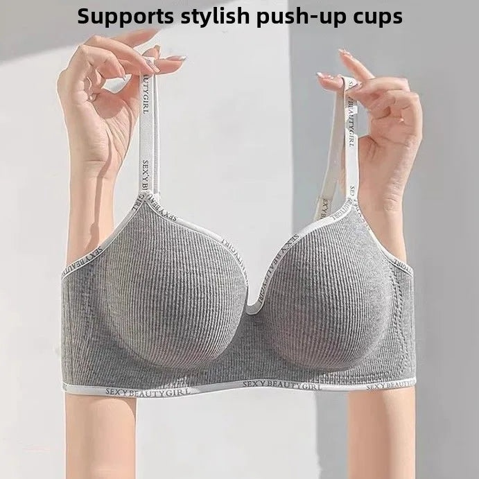 6cm Thickened Push-Up Bra for Small Chest Wireless No Steel Ring Letter Print Adjustable Straps Anti-Slip Pads Seamless Lingerie