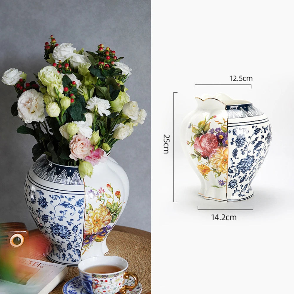 Splicing Light Luxury Antique Style Ceramic Vase Creative European Vintage Flower Vase Arrangement Living Room Desktop Ornaments