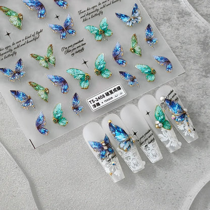 Pink Purple Aurora Shell Butterfly Nail Stickers Shiny Laser 3D Butterflies Nail Decals 8*10cm Adhesive Aurora Shell Butterfly N