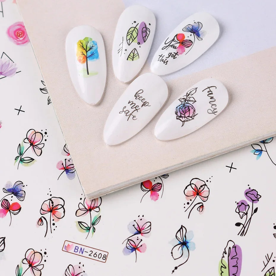 12Spring and Summer Water Transfer Ink Floral Nail Sticker Set Contains Blooming Flowers and Green Leaves Graffiti Slider Nail