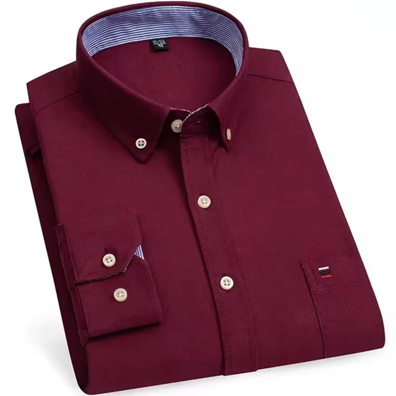 Men's Versatile Casual Checkered Oxford Cotton Shirts Single Pocket Long Sleeve Standard-fit Button Down Gingham Striped 7XL 6XL