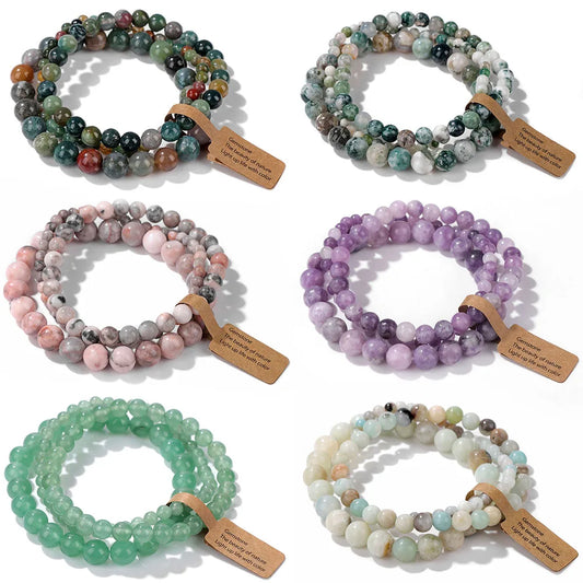 3pcs/set Natural Stone Beads Bracelet For Women Men 4 6 8 MM Indian Moss Agates Rhodonite Quartzs Jewelry Bracelet Gift Fashion