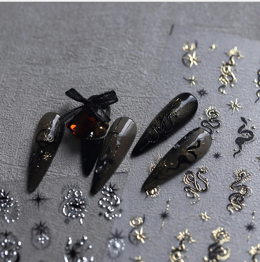 5D Gold Stamped Silver Sun Stars Snake Nail Art Stickers Totems Reliefs Self Adhesive Dark Chinese Style Manicure Decals