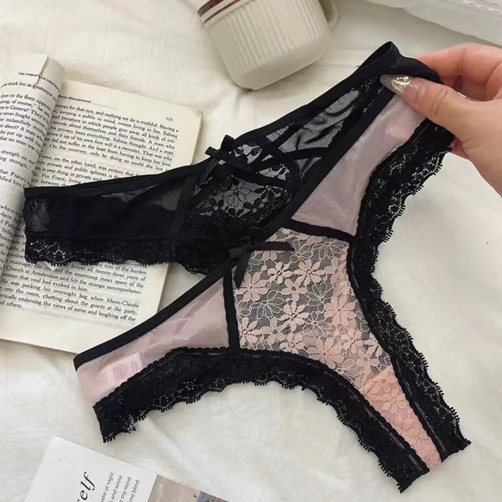 Breathable Patchwork Mesh Floral Bowknot Panties Ruffle Thong Lace Flower Transparent Briefs Low Waist Hollow Out Lady
