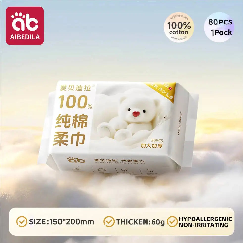 AIBEDILA Newborn Baby Cotton Dry Wipes Unscented Hypoallergenic 3-in-1 Clean Care Thick Facial Towels for Sensitive Infant Skin