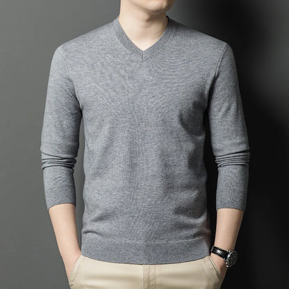 Men's V-Neck Basic Solid Color Sweatshirt Warm Autumn Knitted Oversize Pullover Elastic round Neck Sweater for Casual Wear