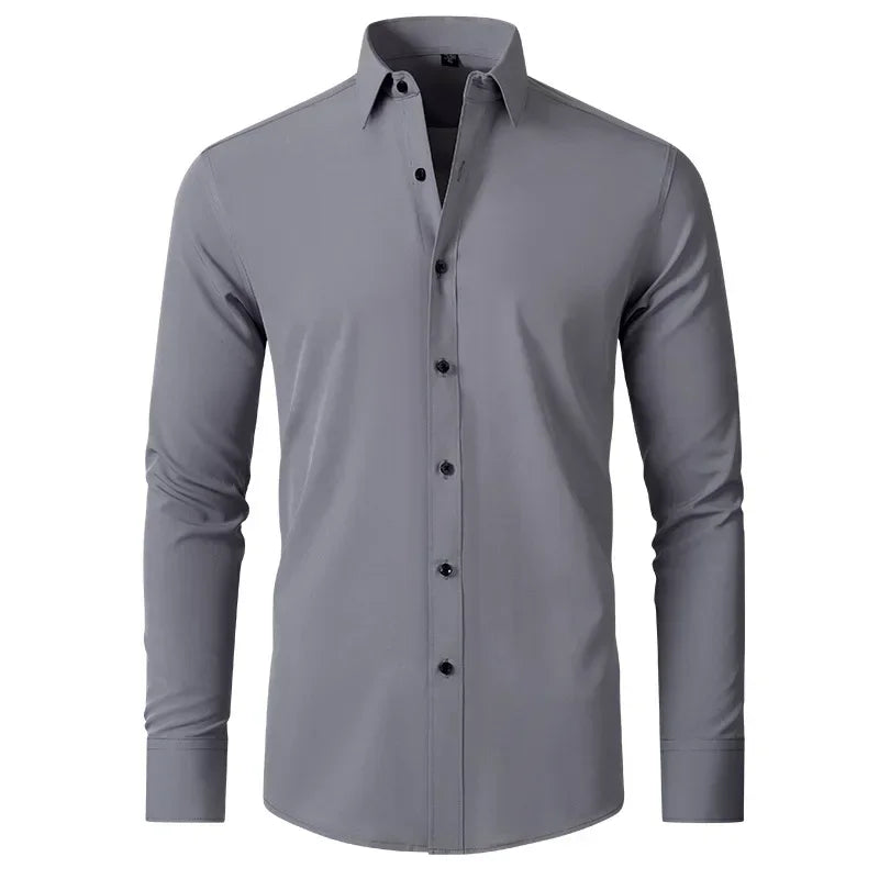 Men's long-sleeved shirt made of elastic fabric, wash-and-wear wrinkle-resistant business casual, silky smooth, pure color shirt
