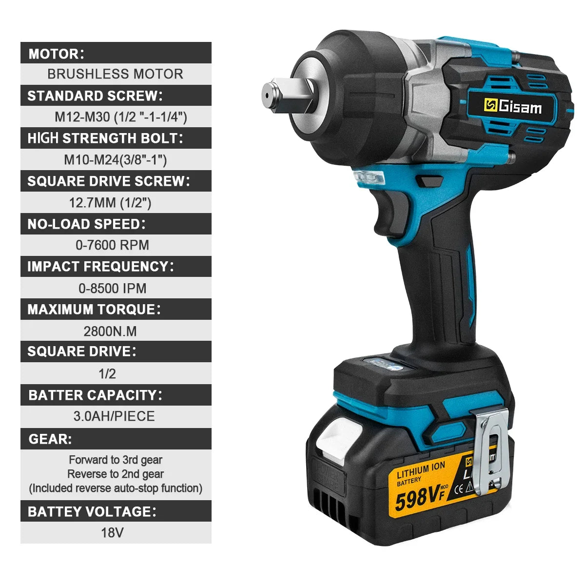 Gisam 2800N.M Brushless Electric Wrench 1/2 Inch Cordless Impact Wrench Electirc Screwdriver Drill For Makita 18V Battery Pin