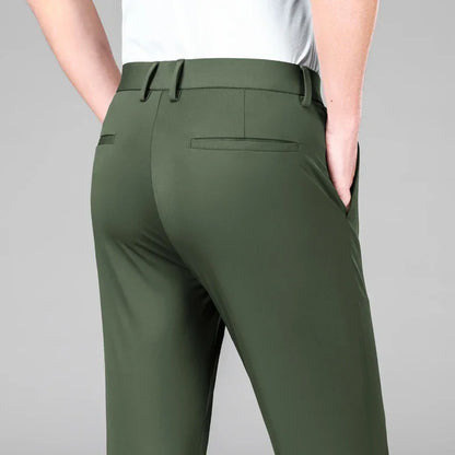 New Summer Men's Ice Silk High Stretch Business Suit Pants Male Army Green Blue Elastic Formal Office Straight Formal Trousers
