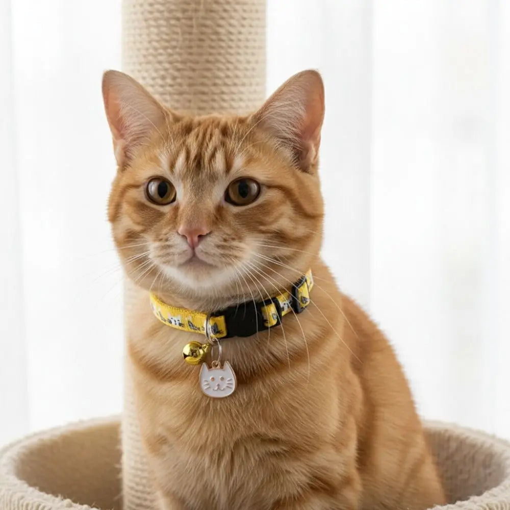 Adjustable Pet Cat Collar Quick Release Safety Buckle Anti-lost Cat Necklace Cat Pattern with Cat Face Pendant Bell
