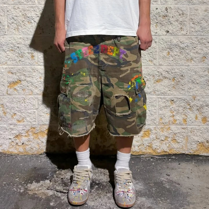 Y2K American Cargo Shorts Paint Splatter Camouflage Pattern Bottom New Trendy Retro Hip Hop Streetwear Unisex Baggy Short Pants