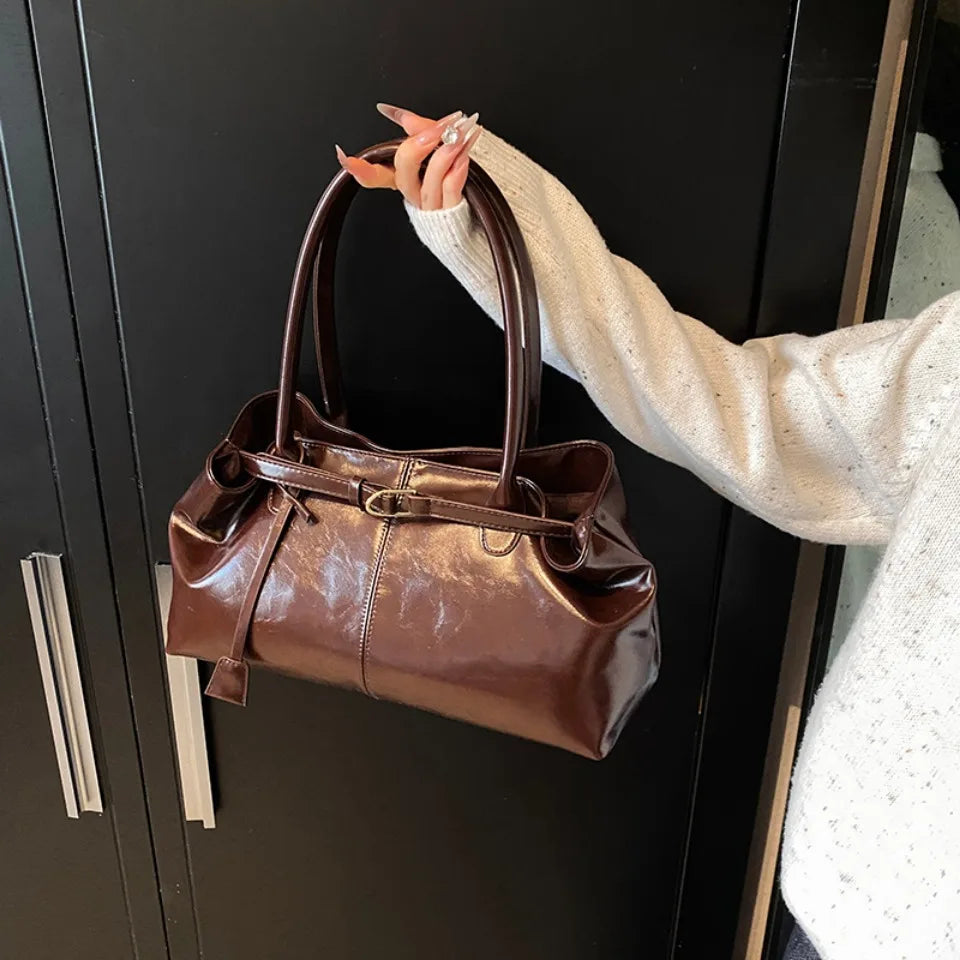 Oil PU Leather Hobo Handbag Slouchy Shoulder Bag Retro Top-Handle Bag Large Work Bags for Women Gilrls Tote Work Shopping Travel