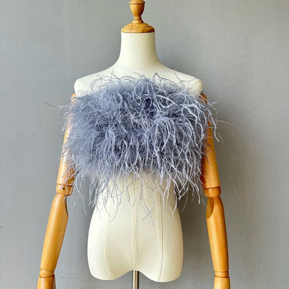 Jaxmonoy New Women Ostrich Feather Tube Spring Summer Sexy Stretch Top Bra Lady Party Wedding Fashion Sleeveless Cropped Top