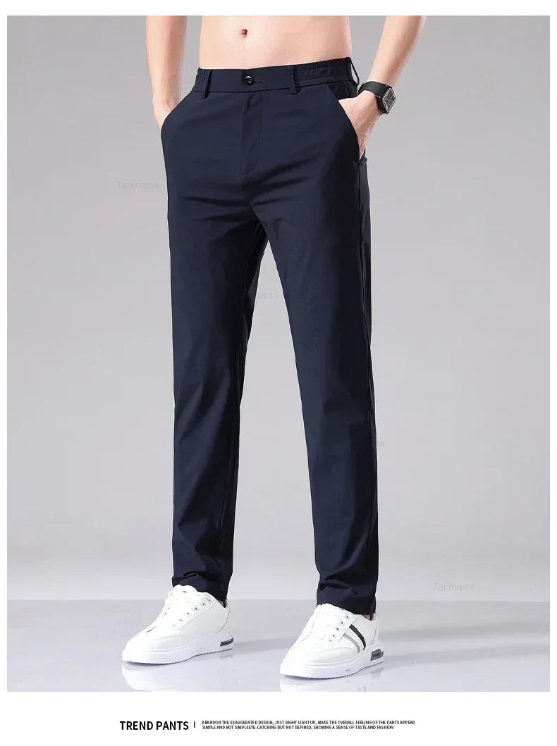 Ultra-thin Elastic Men's Casual Trousers Summer Quick-drying Ice Silk Slim Straight Business Solid Color Y2K Trousers Black Gray