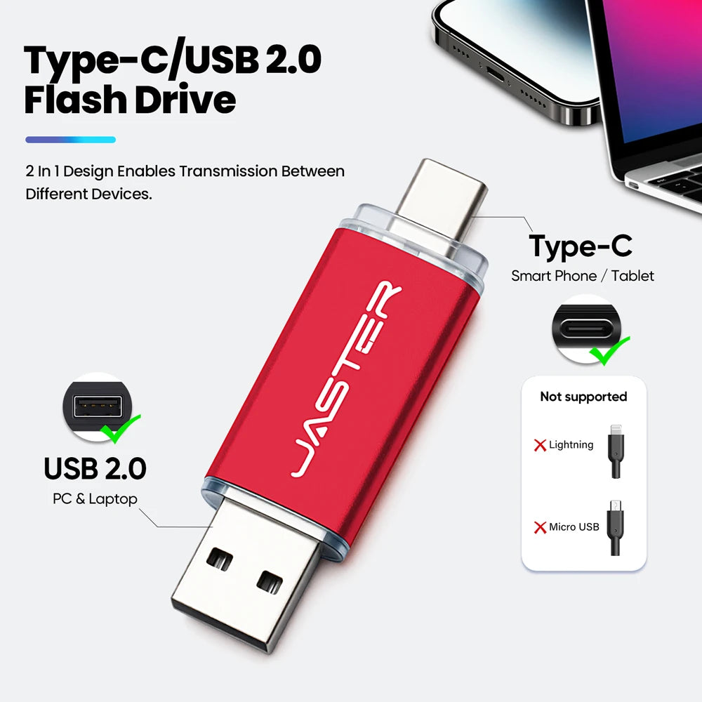 JASTER High Speed TYPE C 2in1 USB Flash Drive 64GB Metal Pen Drive Smart Phone Car TV 8GB Office Gift Memory Stick Fast Delivery