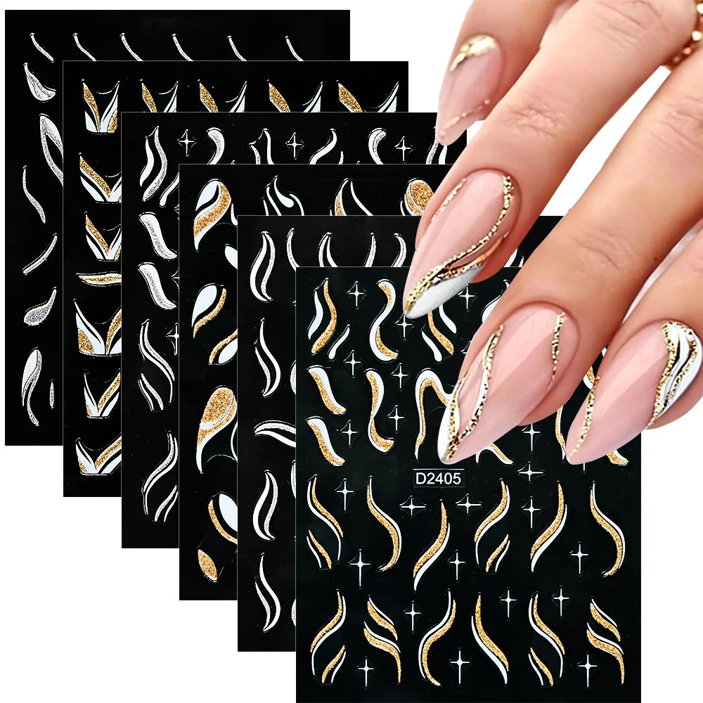 1pcs Gold Glitter French Design Nail Stickers White Silver Curve Lines Stripe Wave Nail Decals Slider Reflective Manicure Wraps
