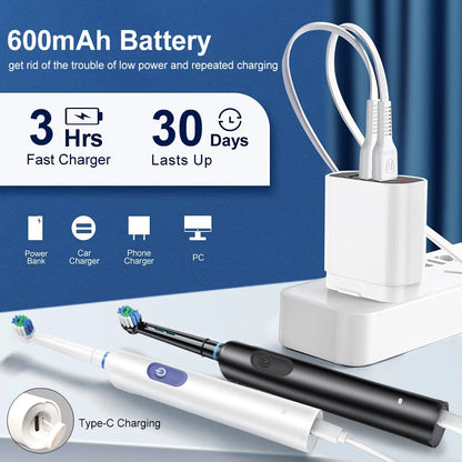 Electric Rotating Toothbrush Deep Clean Whitening Teeth for Adult Ultrasonic Toothbrush with 4/8pcs Refill Replacement Heads