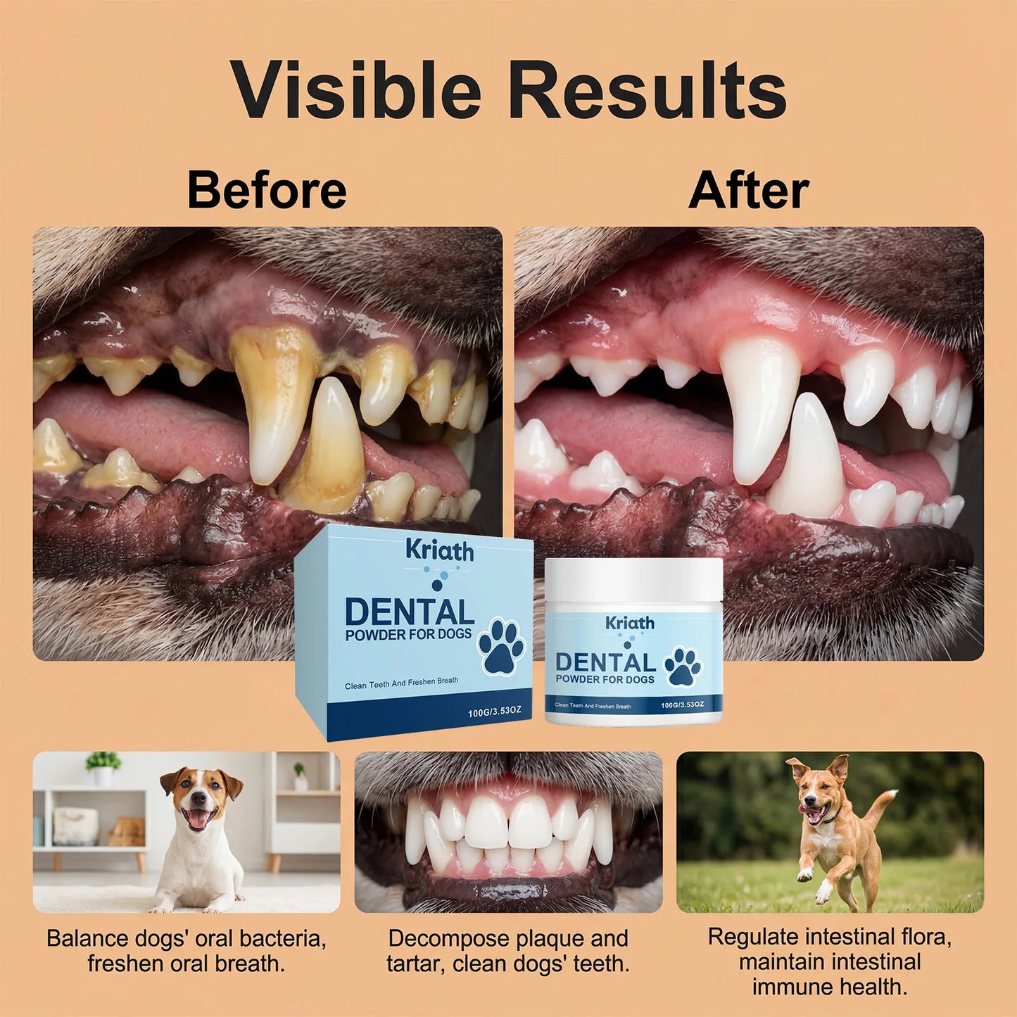 Natural Pet Oral Care Powder for Dog Teeth Cleaning to Freshen Breath and Soothe Gums with Probiotics for Gut Health Pet Clean