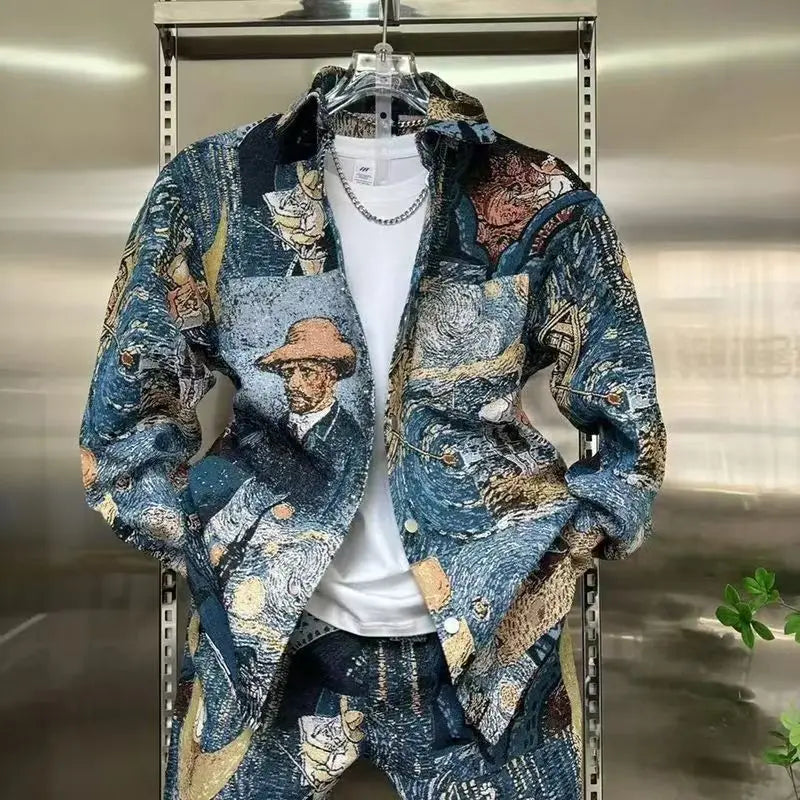Spring Autumn Streetwear oil painting Men Set Popular Painted Shirt Jacket Trousers Fashionable Casual Versatile Two-piece Sets