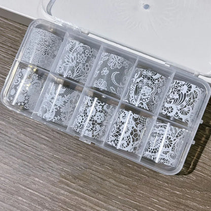 10 Rolls 4x50CM Black White Lace Transfer Nail Sticker Sexy Flower Lace Nail Art Transfer Foils Paper for DIY Manicure Decals*@#