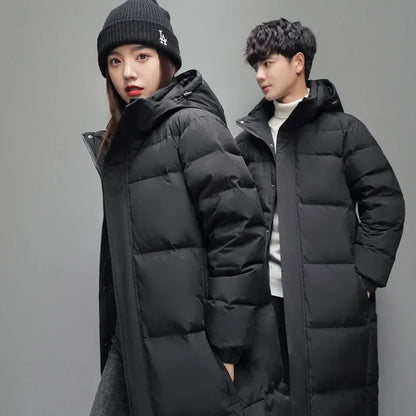 FGKKS 2025 Couple Winter Down Jacket Fashion Classic Slim Korean Style White Duck Down Men's Long Coat Women Hooded Outwear