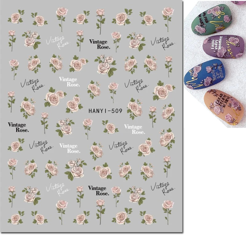 3d Nail Art Decals Watercolor Florals Purple Green Pink Flowers Leafs Fruit Adhesive Sliders Nail Stickers For Manicure