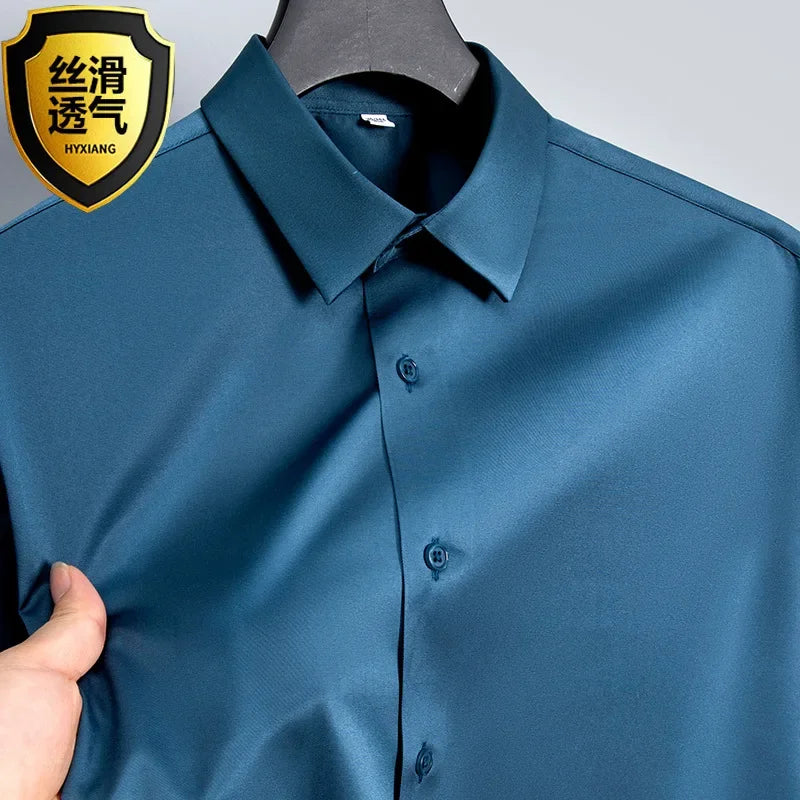 Summer shirt, men's white glossy non ironing shirt, men's wrinkle resistant ice silk casual high-end seamless business shirt