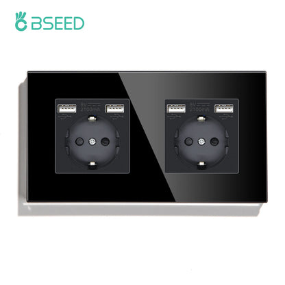 BSEED Touch Light Switch With EU USB Wall Sockets Black Wall Led Switches 1/2/3Gang 1Way Crystal Dark Blue Backlight Wall Switch