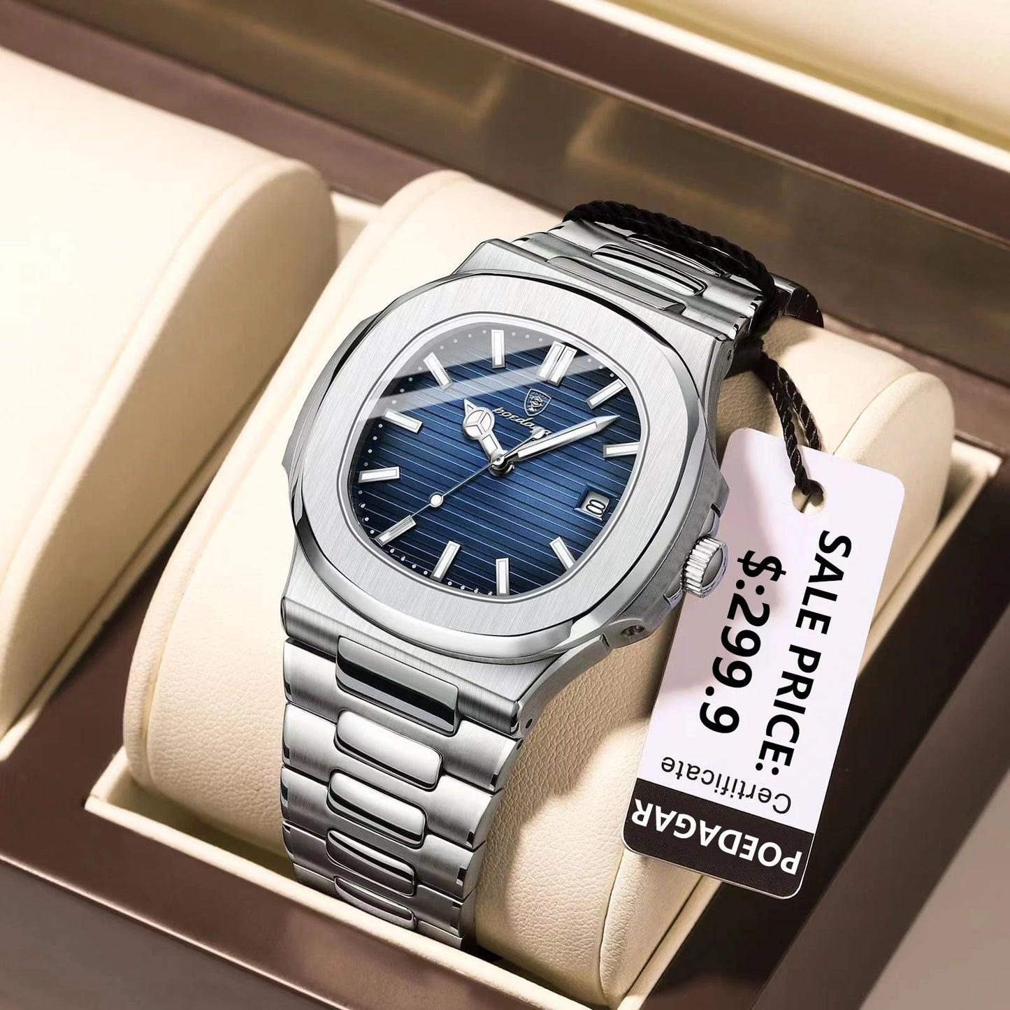 POEDAGAR Square Luxury Men Wristwatch Waterproof Luminous Date Stainless Steel Male Clock Business Sports Quartz Watches For Men