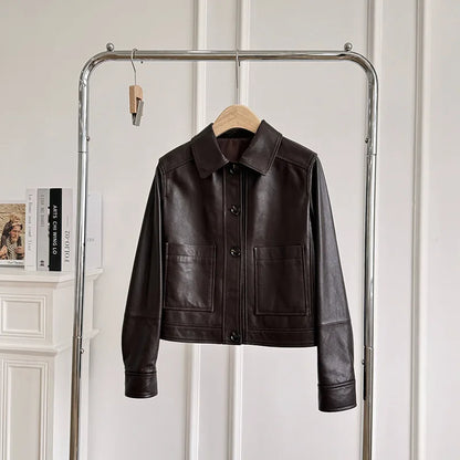 British Style Lapel Genuine Leather Jackets for Women Fashion Single-breasted Pockets Female Brown Casual Short Sheepskin Jacket