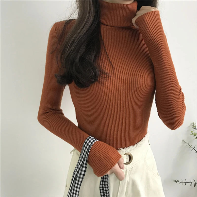 2026 Autumn Winter Sweater Women Knitted Ribbed Pullover Sweater Long Sleeve Turtleneck Slim Jumper Soft Warm Pull Femme