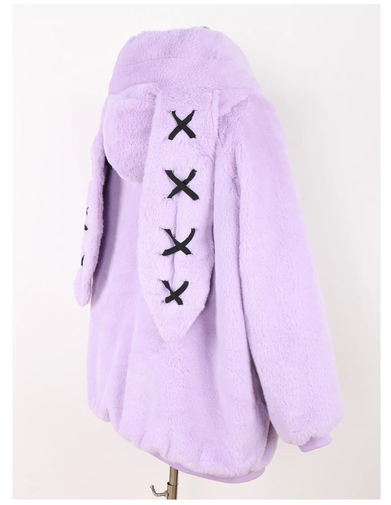Nerazzurri Autumn Winter Sweet Cute Kawaii Soft Thick Warm Faux Fur Coat Women with Bunny Ears Cute Fluffy Jacket Hoodie 2024