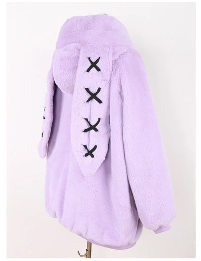 Nerazzurri Autumn Winter Sweet Cute Kawaii Soft Thick Warm Faux Fur Coat Women with Bunny Ears Cute Fluffy Jacket Hoodie 2024