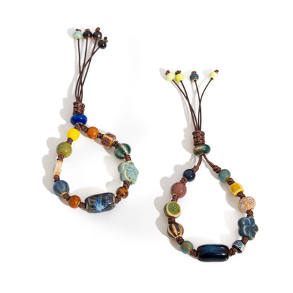 Handmade Ceramic Beaded Bracelet Adjustable Boho Woven Jewelry Vintage Ethnic Style Gift for Women Fashion Accessories S02-035