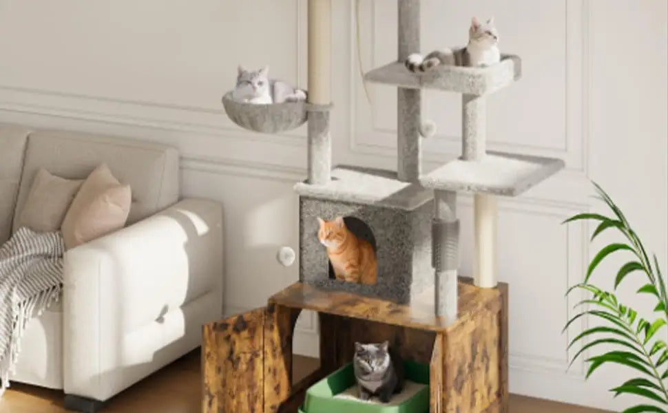 Garvee 2-in-1 Wooden Cat Tree with Hidden Litter Box Enclosure, Multi-Level Cat Tower with Scratching Posts, Cat Condo, Platforms & Hammock, Indoor Cat Washroom Furniture, Brown