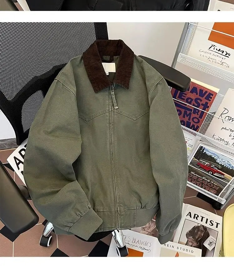 Pure Cotton Detroit Washed Jacket Men's Spring Loose Fit Collared Workwear Jacket Trendy Brand Color Block Casual Coat