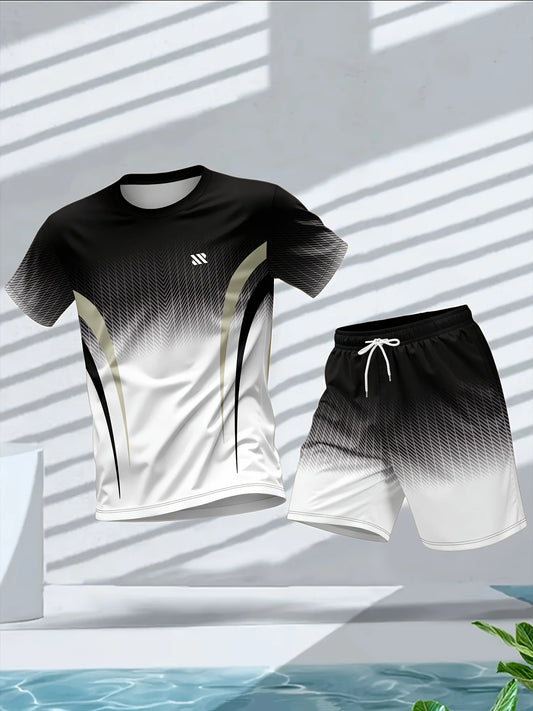 Men's Summer Fashion Personalized Color Printed Comfortable Breathable Round Neck T-shirt Shorts Set Outdoor Casual Sportswear