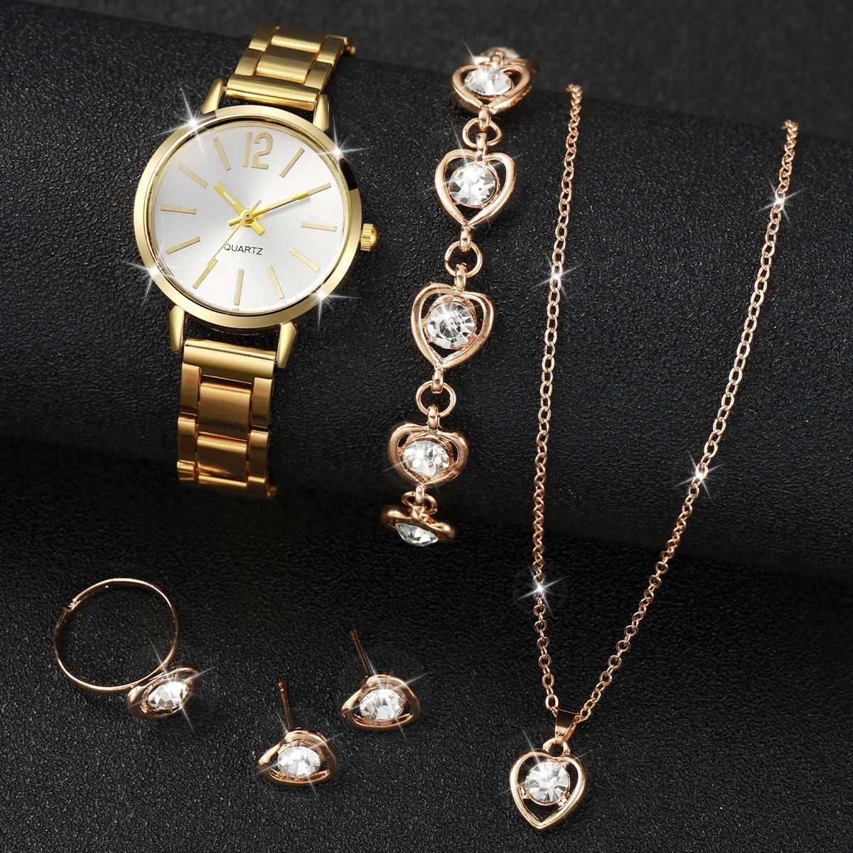 6PCS/Set Fashion Women's Quartz Watch Stainless Steel Band Wrist Watches Diamond Jewelry Set(Without Box)