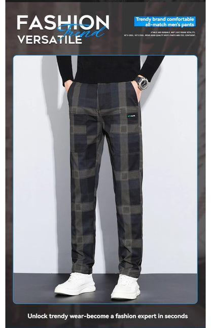 Autumn Winter Luxury Plaid Check Pattern Casual Pants Men Thick Business Elastic Waist Slim Fit Korean Pocket Long Trousers Male