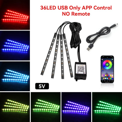 Neon Car Interior Ambient Foot Light with USB Wireless Remote Music App Control RGB 48 LED Atmosphere Decorative Lamp