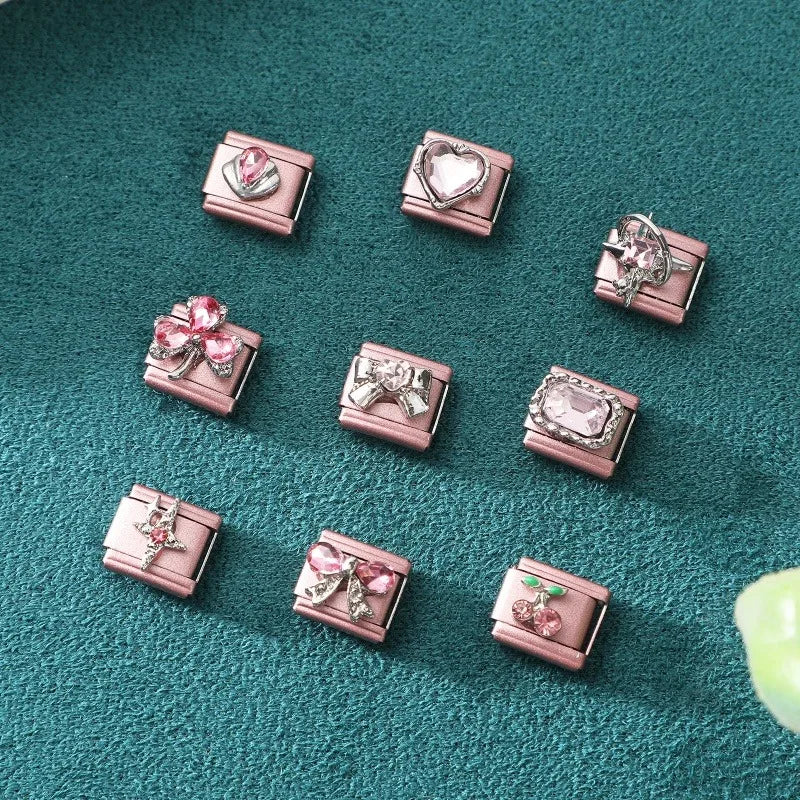 2025 New Women Romantic Pink Cherry Heart Shiny CZ Italian Charm Links Fit 9mm Bracelet Stainless Steel DIY Making Jewelry Gifts