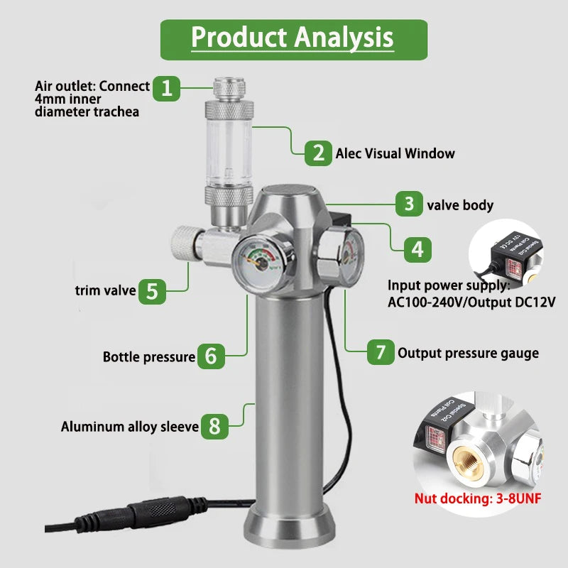 Aquarium CO2 Regulator Solenoid Valve Bubble Counter Small Gas Bottle 3-8UNF with Sleeve Fish Tank CO2 Pressure Reducing Valve