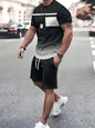 Summer Men's Stripe Print Short Sleeve Tee Elastic waist Shorts 2 Pieces Set Plus Size Loose O-Neck T-shirt Pockets Shorts Set